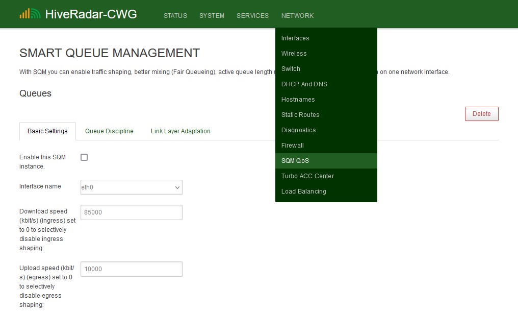 SQM Quality of Service Menu